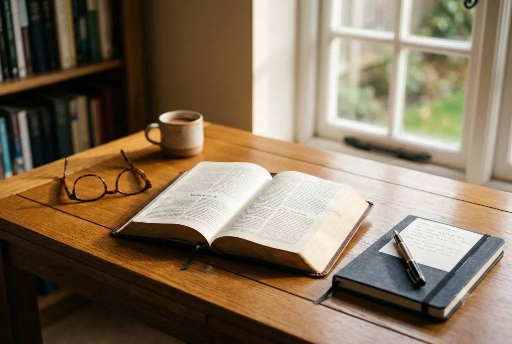 Open Bible showing the books in the New Testament during personal Bible study