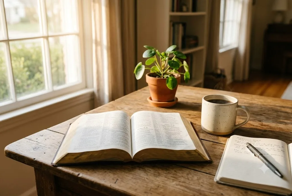 Open Bible displaying popular Bible scriptures during a morning devotional