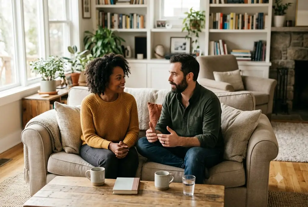 Couple discussing emotional challenges caused by attachment disorders in a supportive relationship