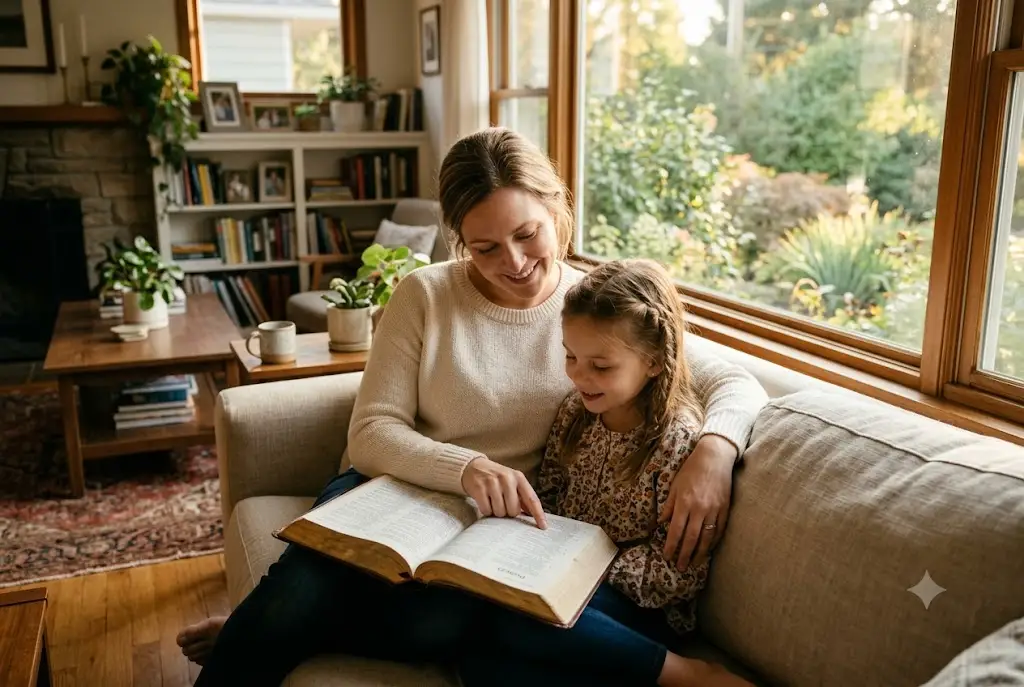 Bible verses about mothers being read by a Christian mother with her daughter