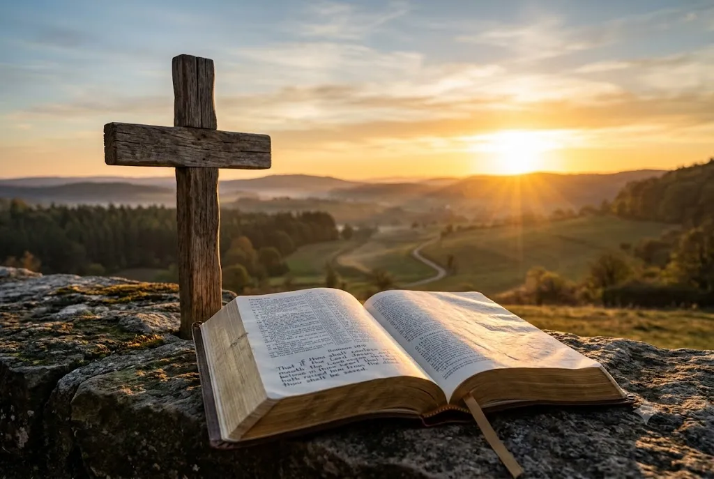 Bible verses about salvation with an open Bible and cross at sunrise