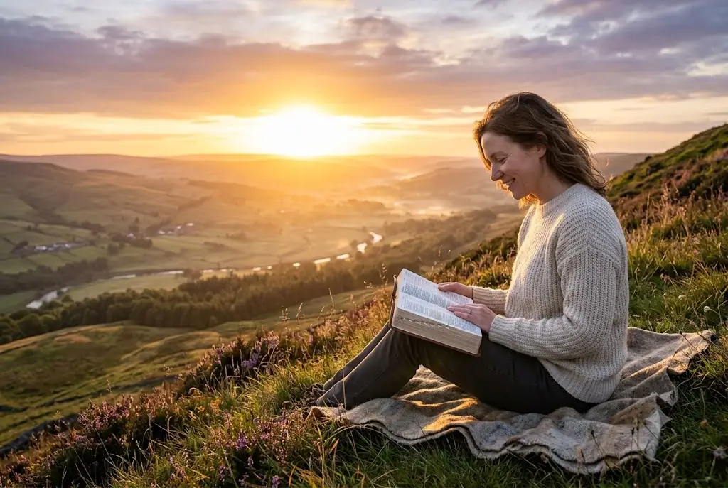 Bible verses about trusting God with a believer reading Scripture at sunrise
