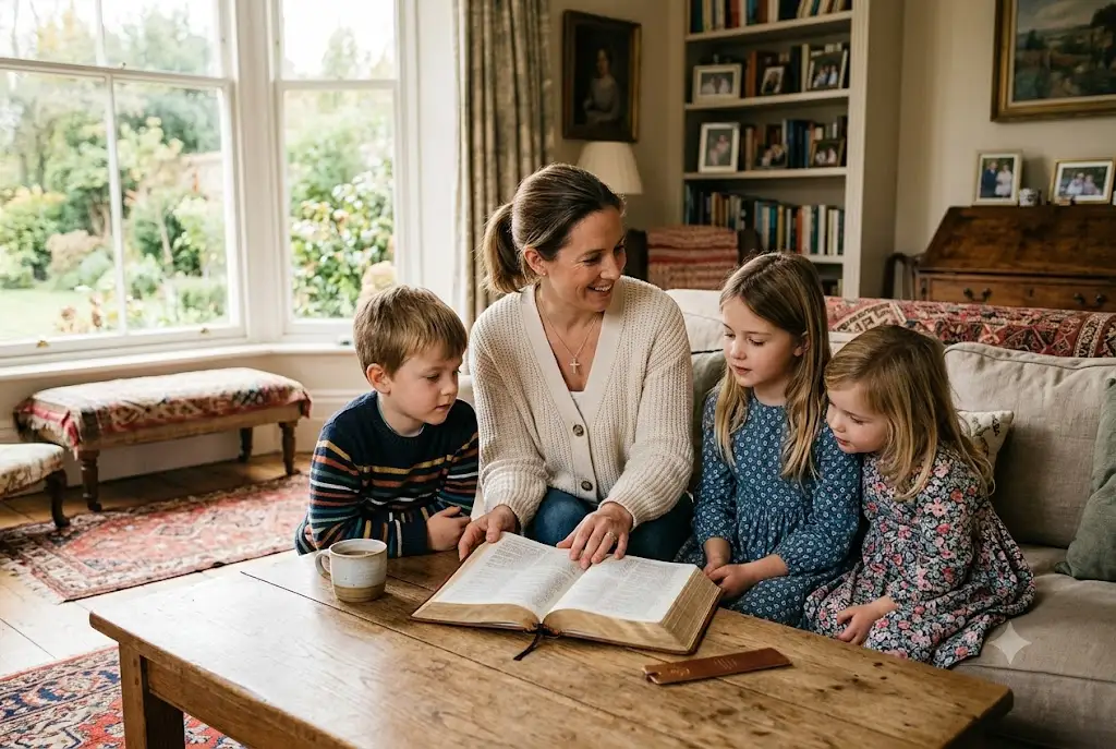 Bible verses for Mothers Day being read by a Christian mother with her children