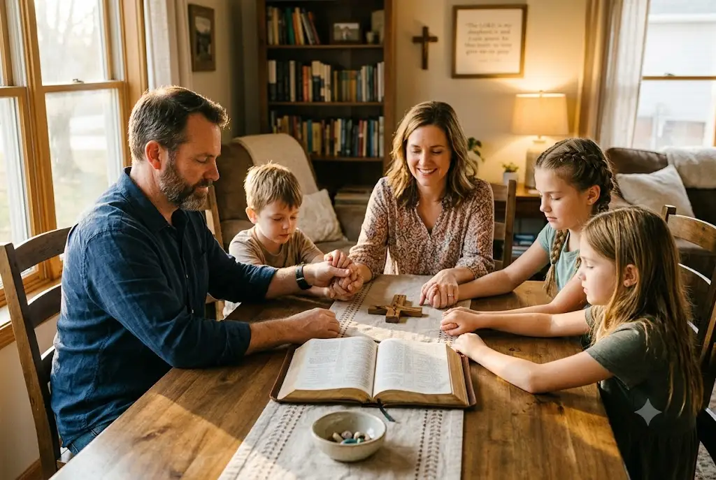 Biblical definition of love illustrated through a Christian family reading the Bible together