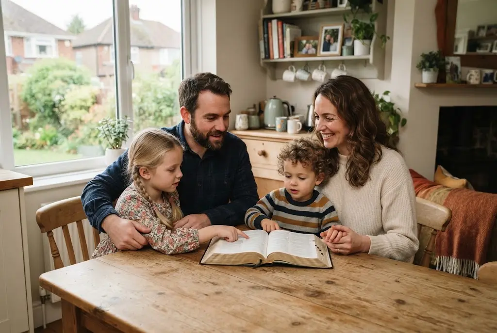 Christian parenting with parents teaching children about faith at home