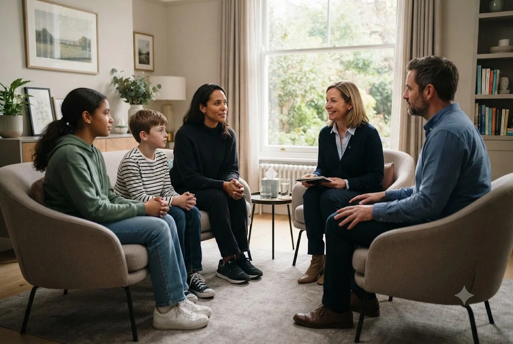 Family counselling session helping relatives improve communication and resolve conflict