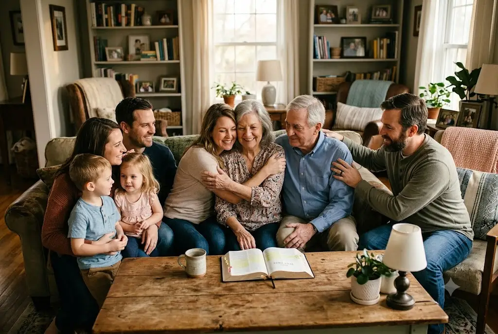 Honor your father and mother Bible verse illustrated through a Christian family showing respect and love