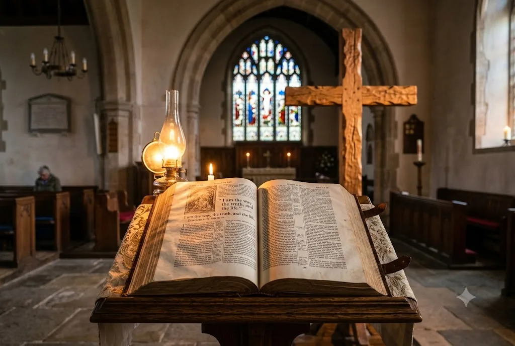 Mystery of faith illustrated with an open Bible and cross in a peaceful church