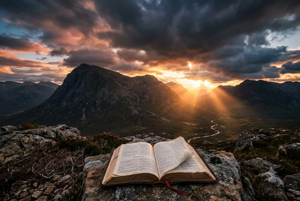 Power of God symbolised by an open Bible and majestic sunrise over mountains