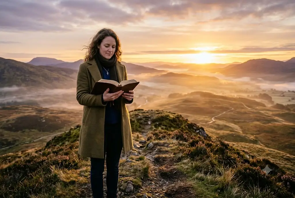 Trust God quotes with a Christian holding an open Bible at sunrise