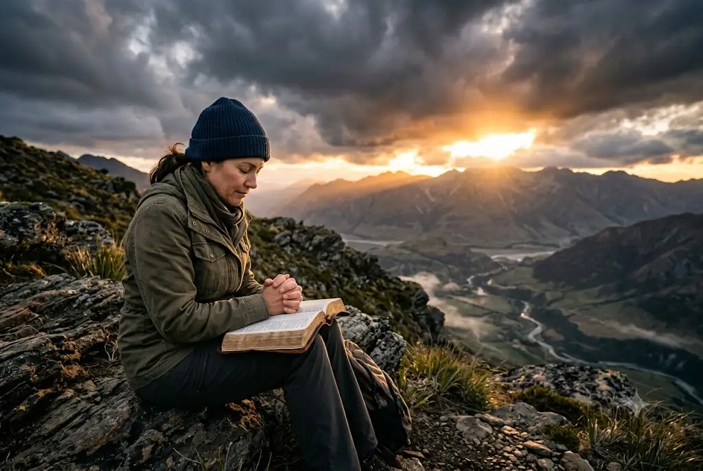 Trusting God in difficult times Bible verses with a believer praying while reading the Bible