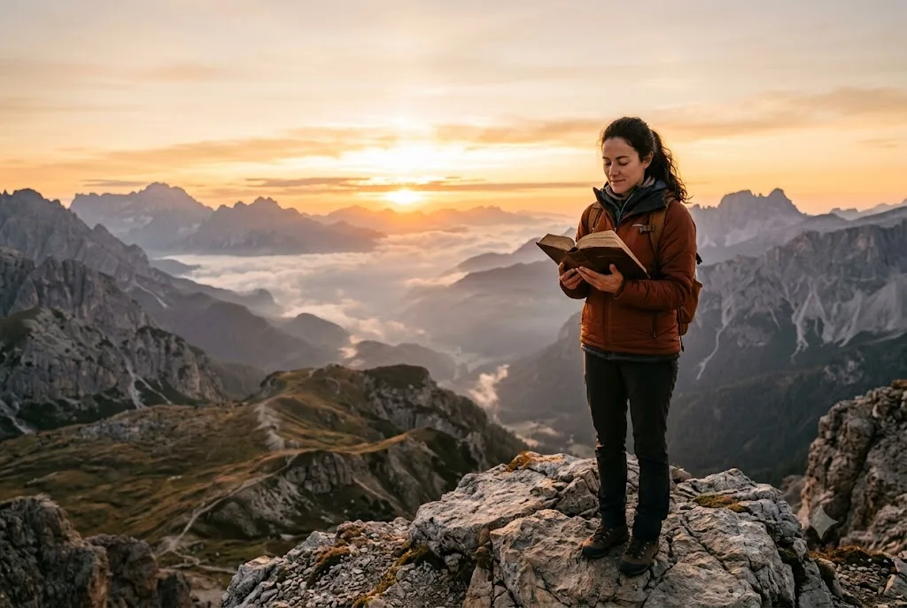 What does it mean to fear God illustrated by a believer reading the Bible at sunrise
