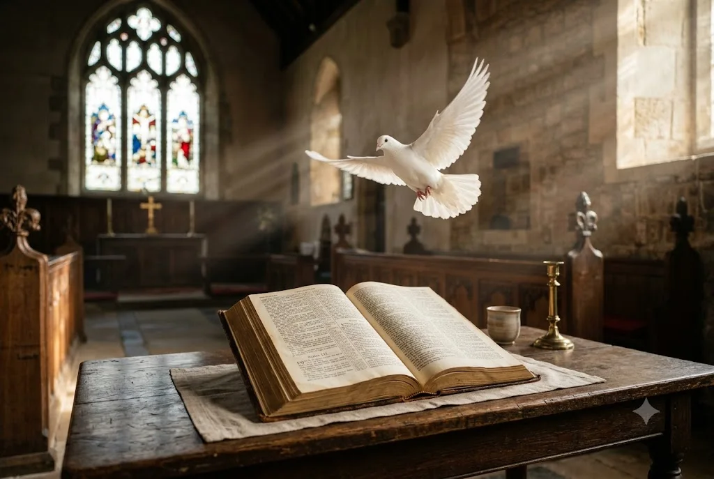 What does the Holy Spirit do illustrated with an open Bible and white dove