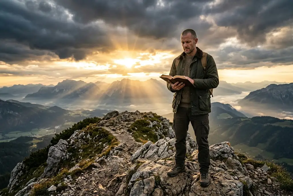 What is spiritual warfare illustrated by a Christian standing with an open Bible at sunrise
