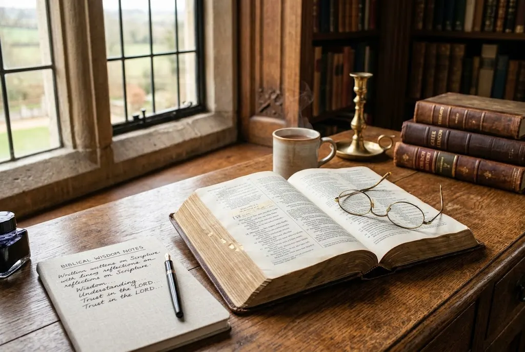 Biblical definition of wisdom shown through an open Bible during personal Scripture study