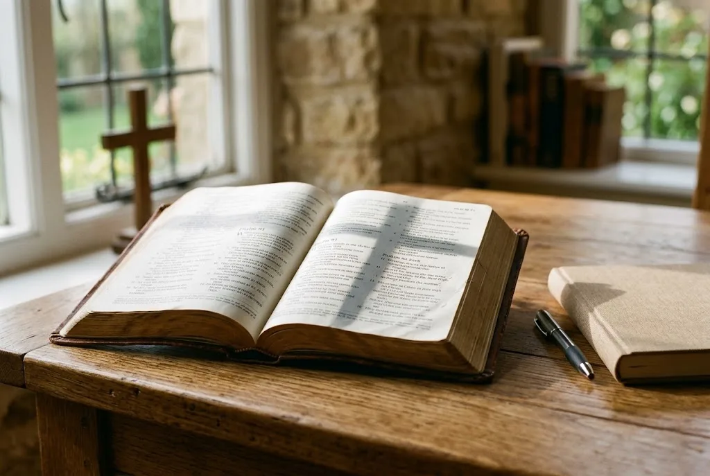 Biblical faith represented by an open Bible during reflective Christian study