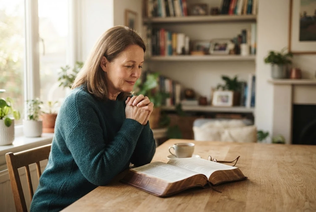 Draw near to God Bible verse with a believer praying beside an open Bible