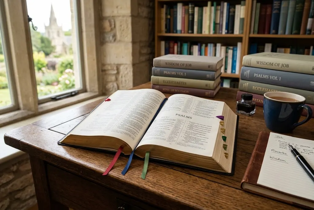 Wisdom books of the Bible open for study with Job, Psalms, Proverbs, Ecclesiastes and Song of Solomon