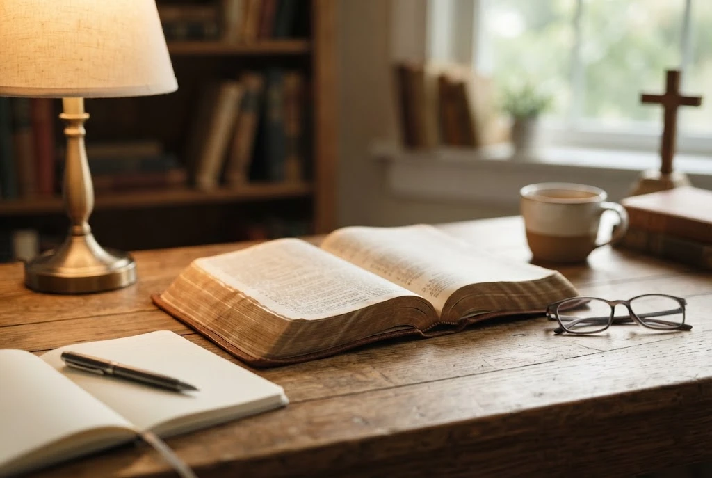 Comforting Bible Passages open on a peaceful Bible study desk