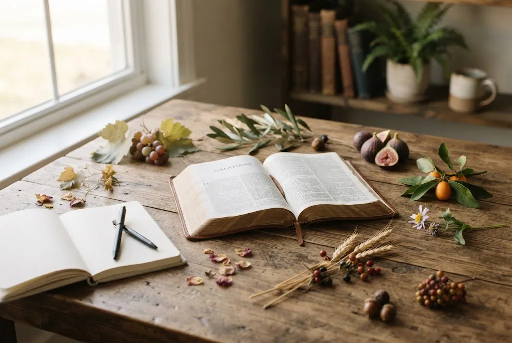 Fruit of the Spirit Bible verse open in a Bible during study