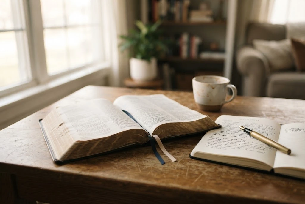 Scriptures on the heart open in a Bible during personal study