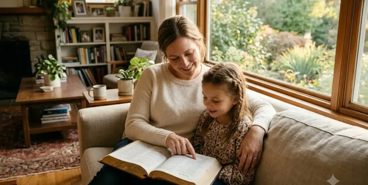 Bible verses about mothers being read by a Christian mother with her daughter