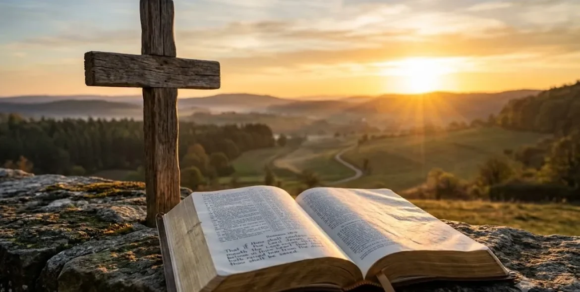Bible verses about salvation with an open Bible and cross at sunrise