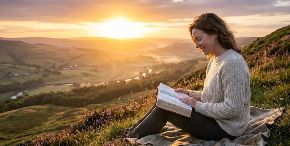 Bible verses about trusting God with a believer reading Scripture at sunrise