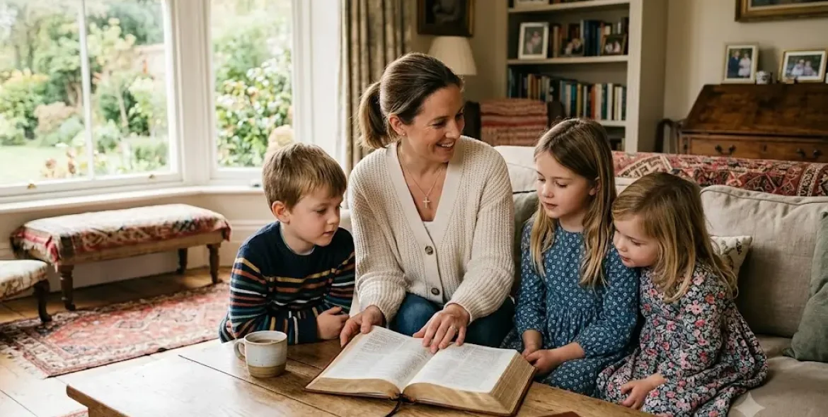 Bible verses for Mothers Day being read by a Christian mother with her children