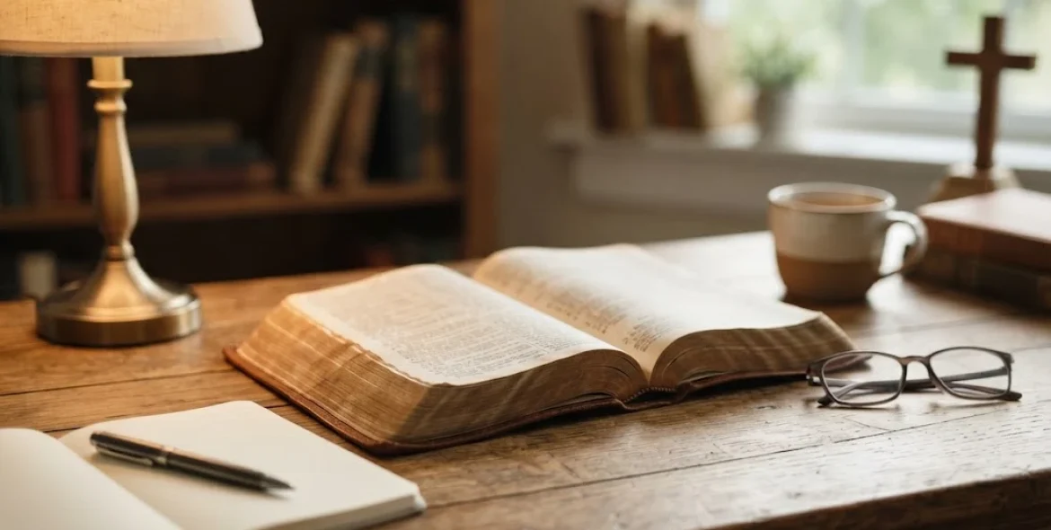 Bible verses on wisdom open on a Bible study desk