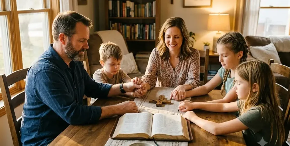 Biblical definition of love illustrated through a Christian family reading the Bible together