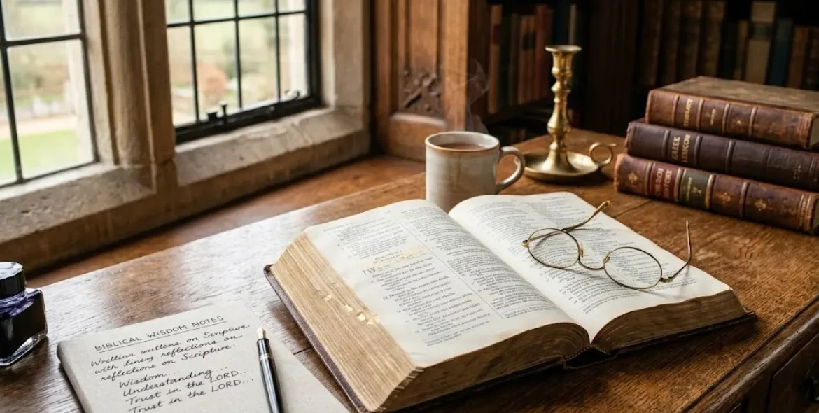 Biblical definition of wisdom shown through an open Bible during personal Scripture study