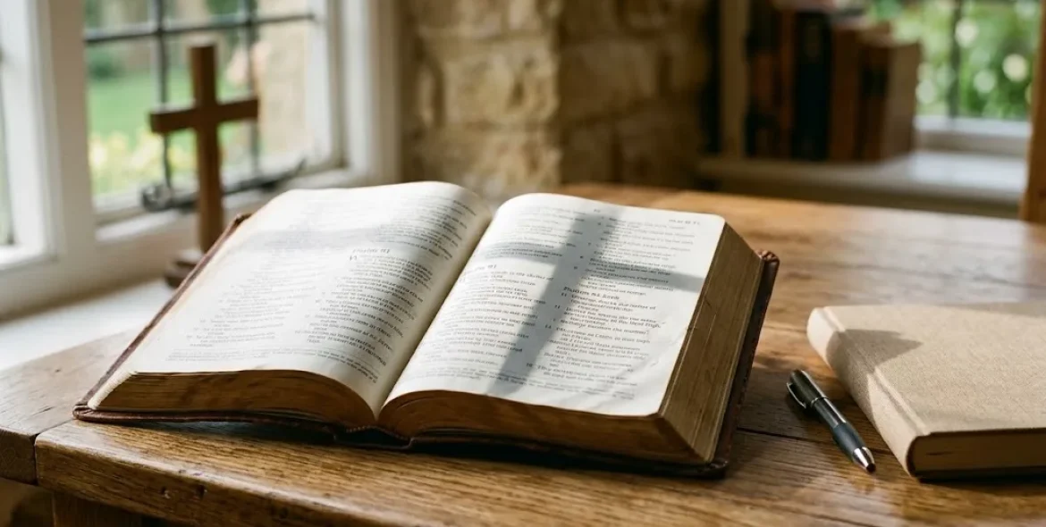 Biblical faith represented by an open Bible during reflective Christian study
