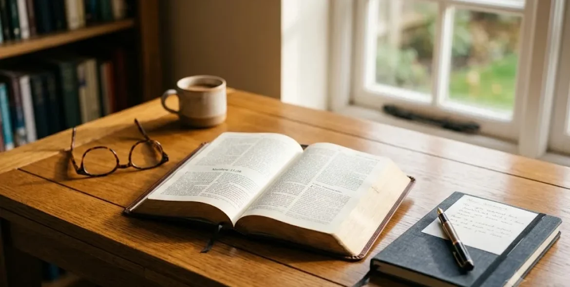 Open Bible showing the books in the New Testament during personal Bible study