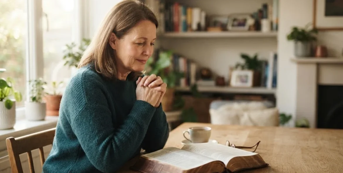 Draw near to God Bible verse with a believer praying beside an open Bible