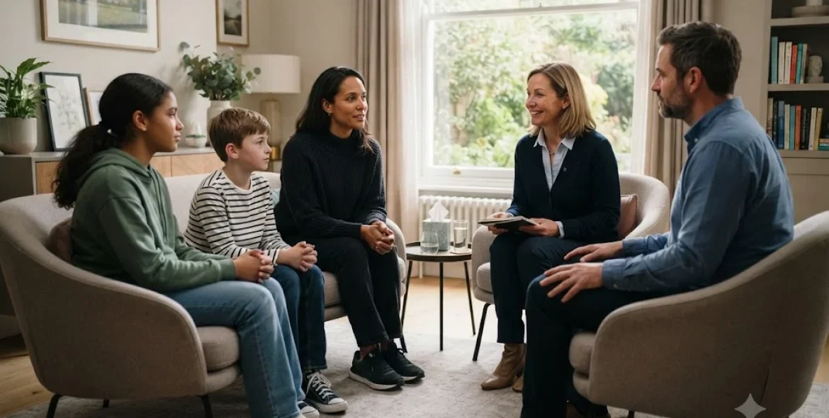 Family counselling session helping relatives improve communication and resolve conflict