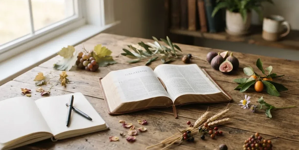 Fruit of the Spirit Bible verse open in a Bible during study