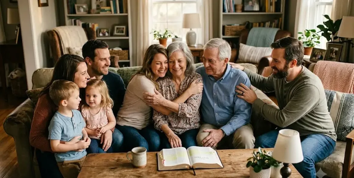 Honor your father and mother Bible verse illustrated through a Christian family showing respect and love