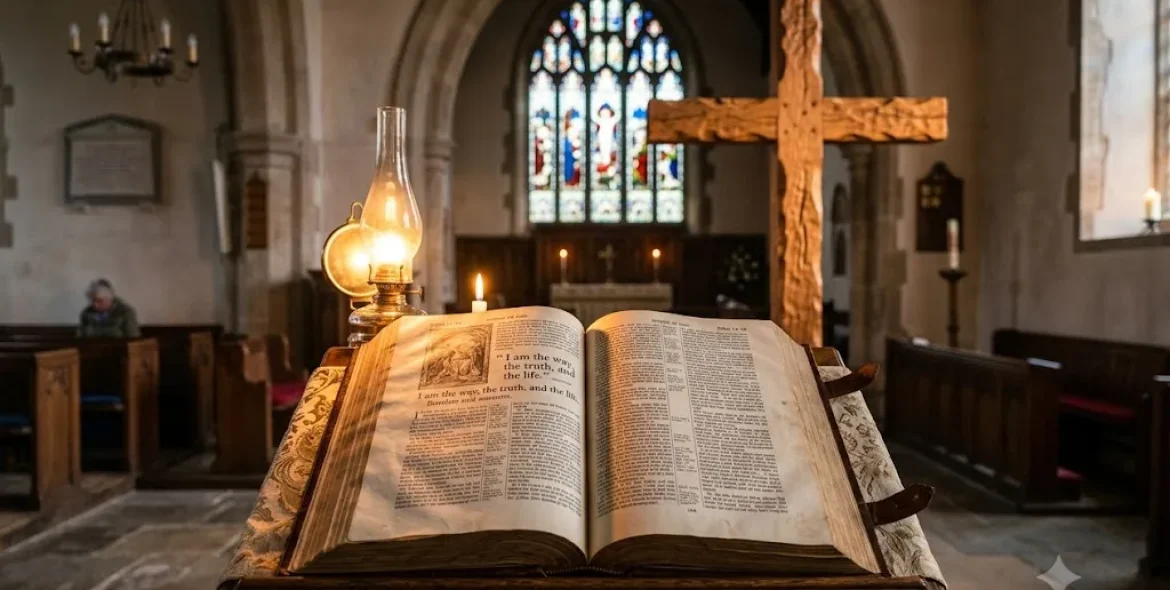 Mystery of faith illustrated with an open Bible and cross in a peaceful church