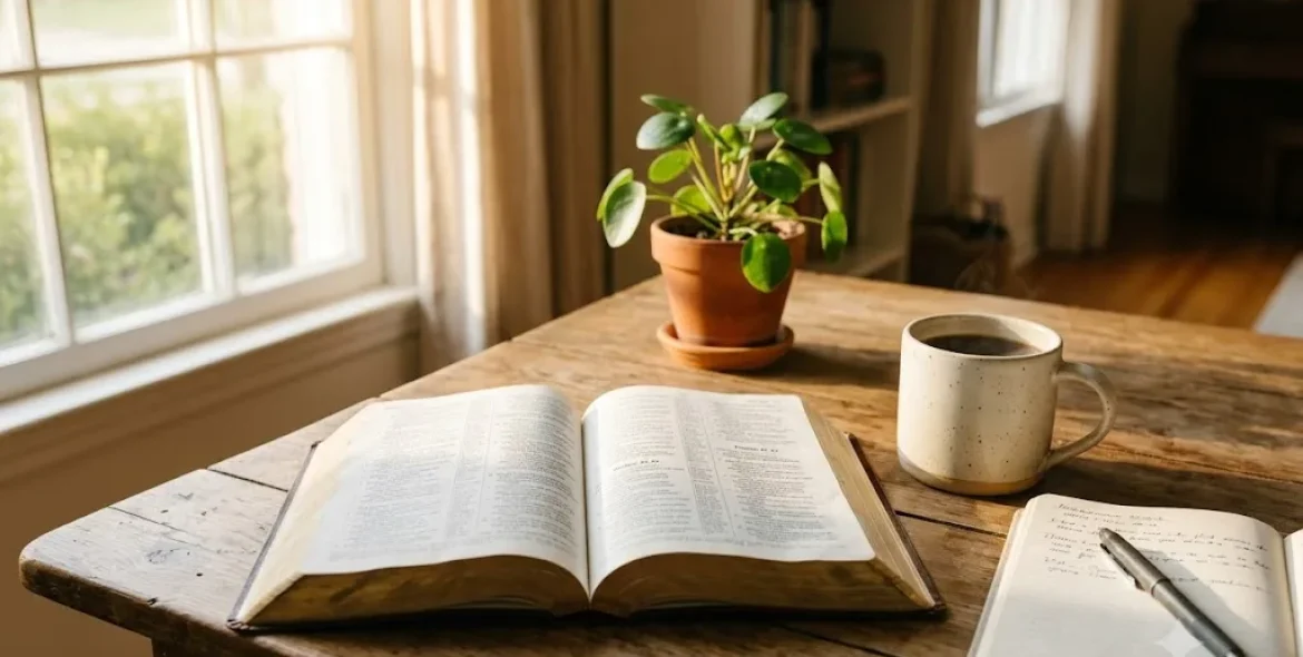 Open Bible displaying popular Bible scriptures during a morning devotional