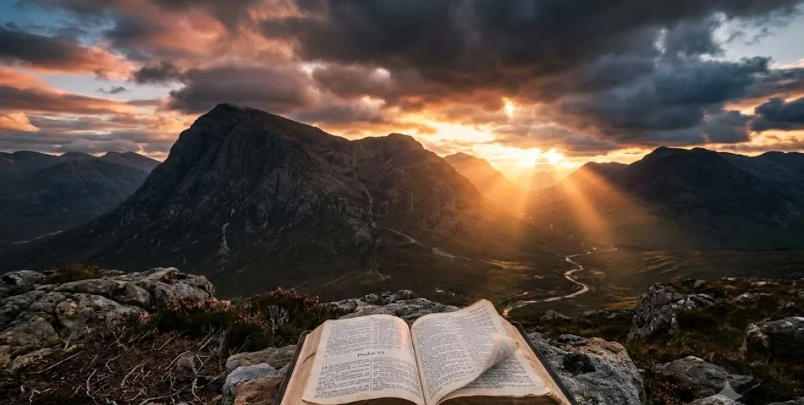 Power of God symbolised by an open Bible and majestic sunrise over mountains