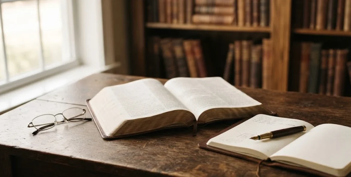 Romans verses open in a Bible during Christian Bible study
