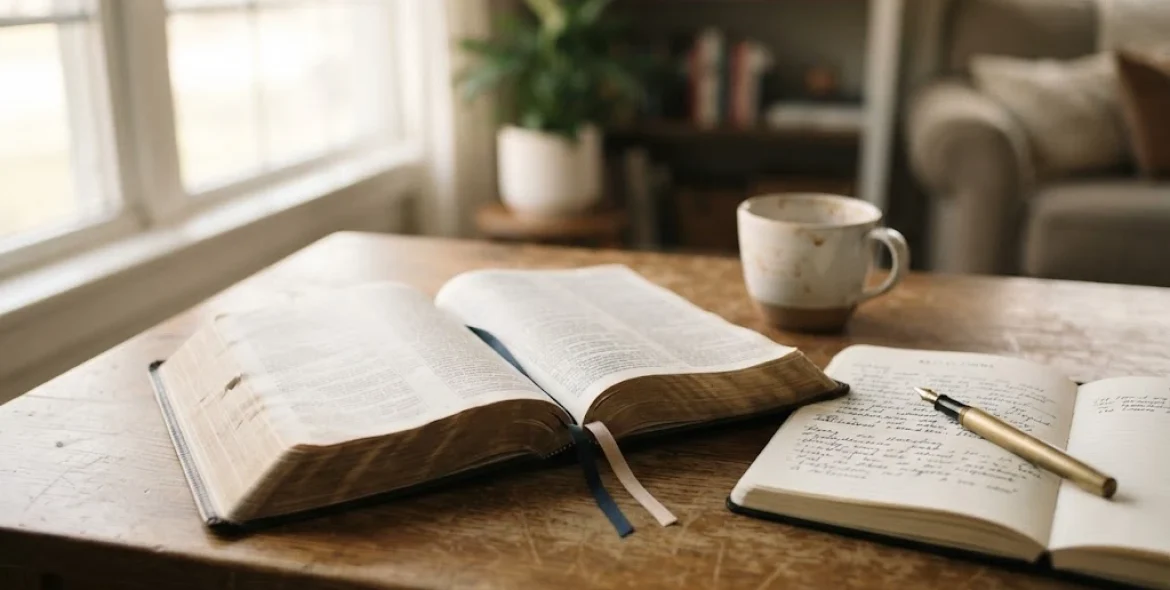 Scriptures on the heart open in a Bible during personal study