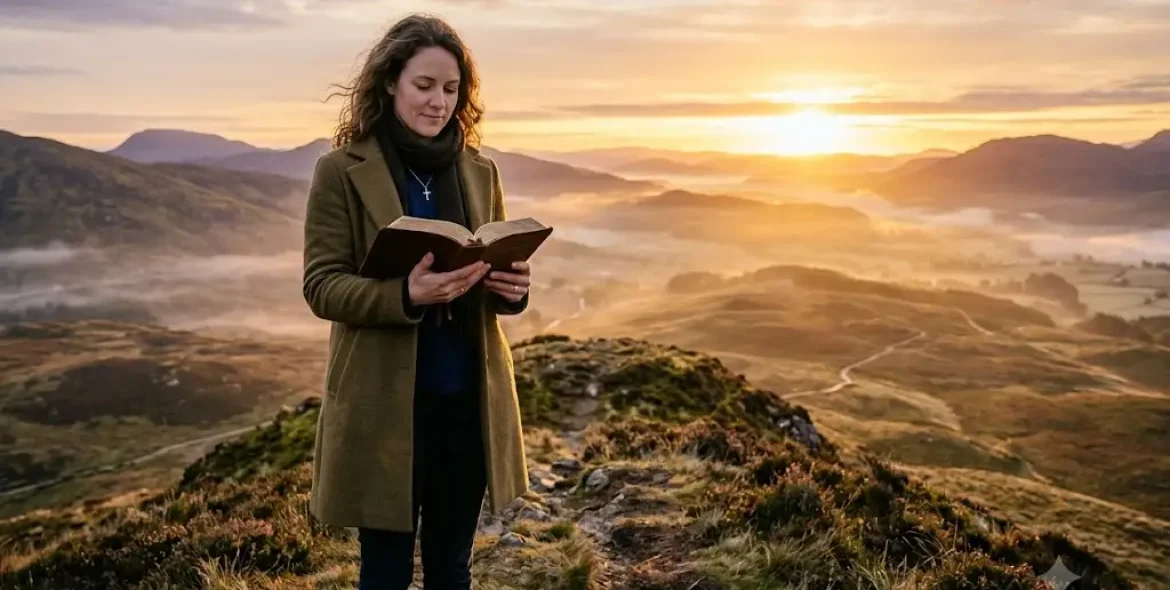 Trust God quotes with a Christian holding an open Bible at sunrise