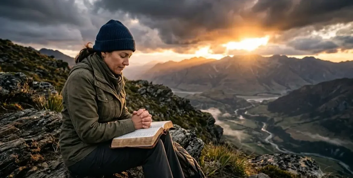 Trusting God in difficult times Bible verses with a believer praying while reading the Bible