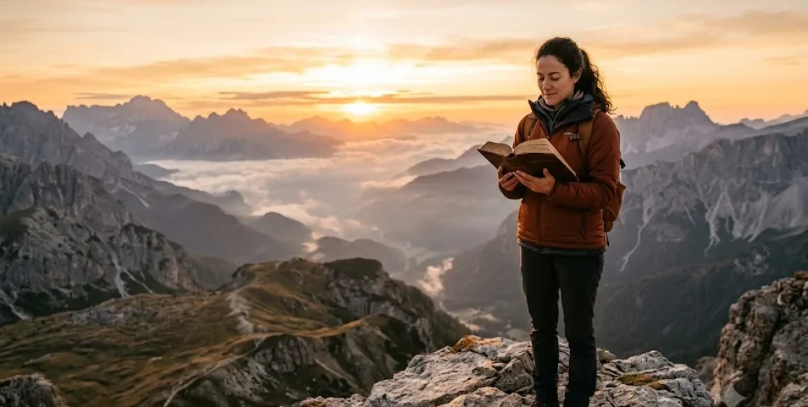 What does it mean to fear God illustrated by a believer reading the Bible at sunrise
