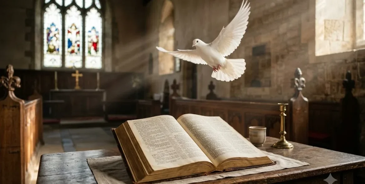 What does the Holy Spirit do illustrated with an open Bible and white dove