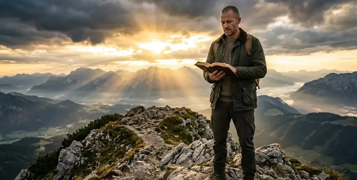 What is spiritual warfare illustrated by a Christian standing with an open Bible at sunrise