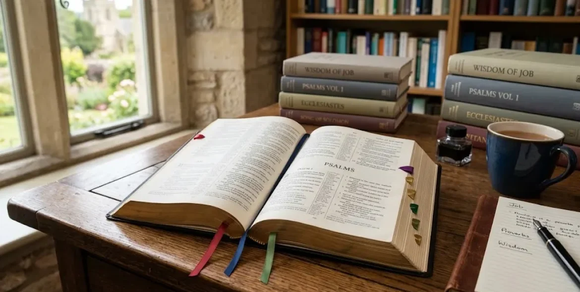 Wisdom books of the Bible open for study with Job, Psalms, Proverbs, Ecclesiastes and Song of Solomon
